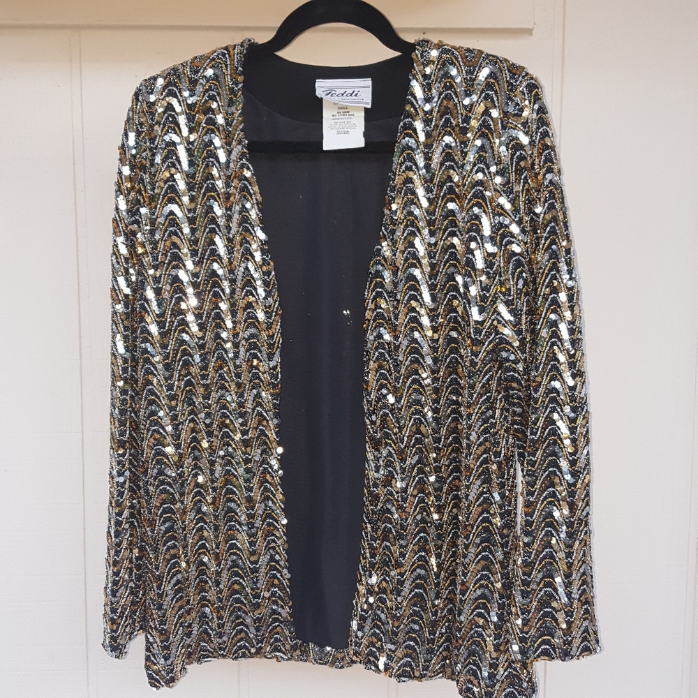 M BEAUTIFUL VINTAGE TEDDI OF CALIFORNIA GOLD SEQUIN OPEN FRONT DRESSY JACKET